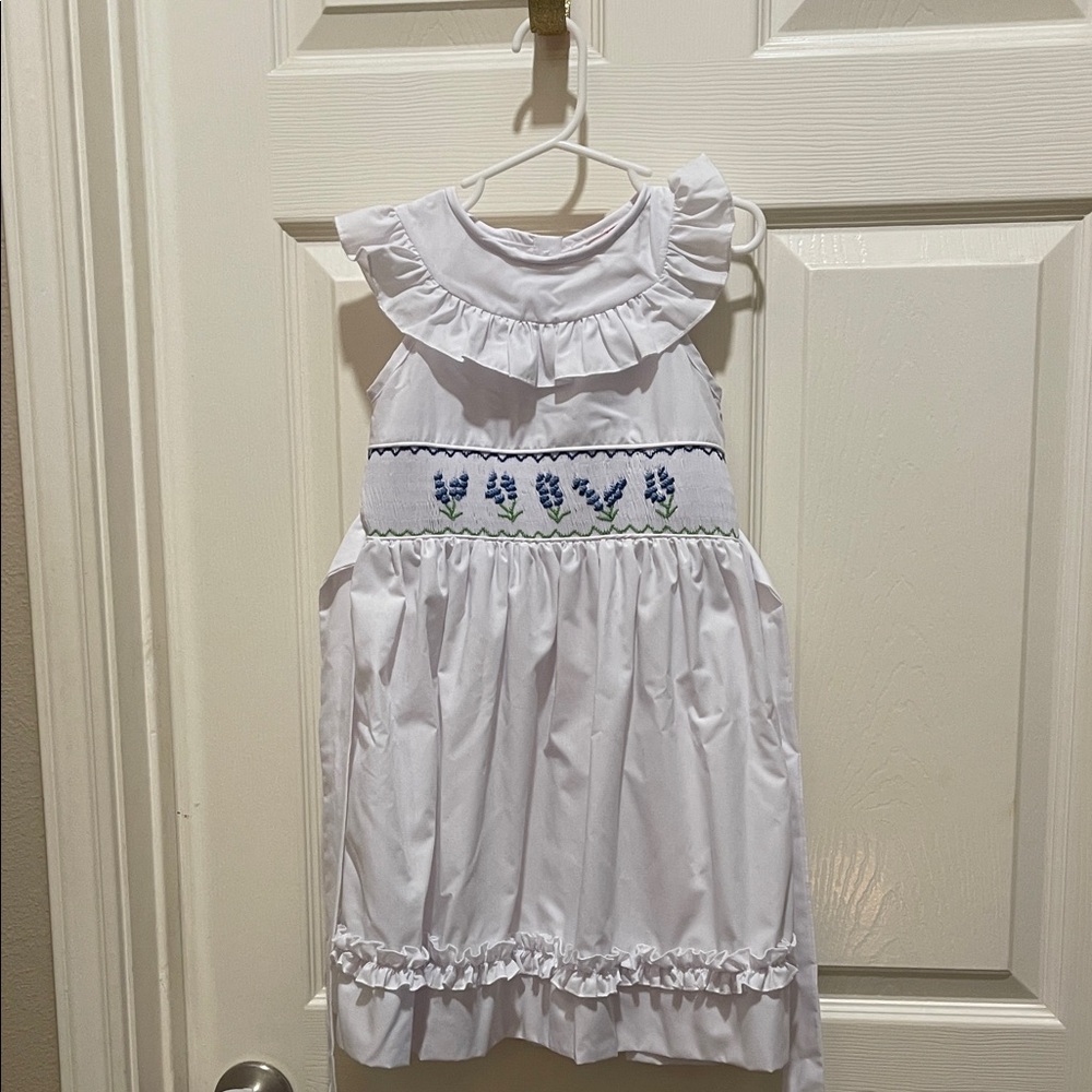 Smocked White Kids Dress with Blue Bonnet Embroidery